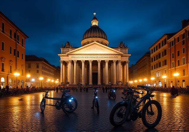 Il Pantheon illuminato di notte con ciclisti in primo piano