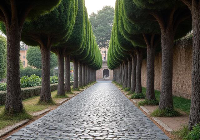 Pini marittimi e rovine romane lungo la Via Appia Antica